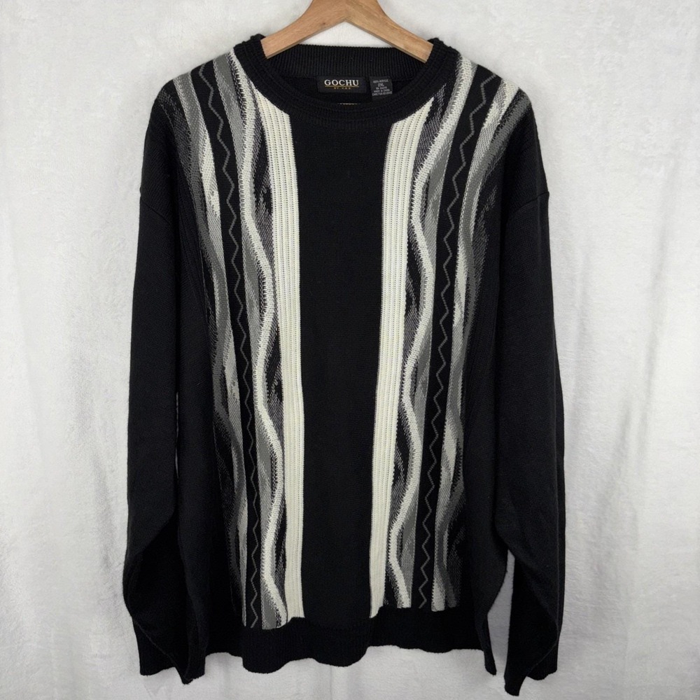 Gochu KBB Coogi Style 3D Knit Sweater Black Biggie Retro Geometric Hip Hop 2XL